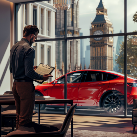 A professional conducting a job survey with Vantastic Removals' red Tesla parked outside, overlooking iconic Big Ben in central London.