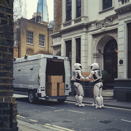 Robots carrying a box into a van, hinting at a future where AI could transform removal services