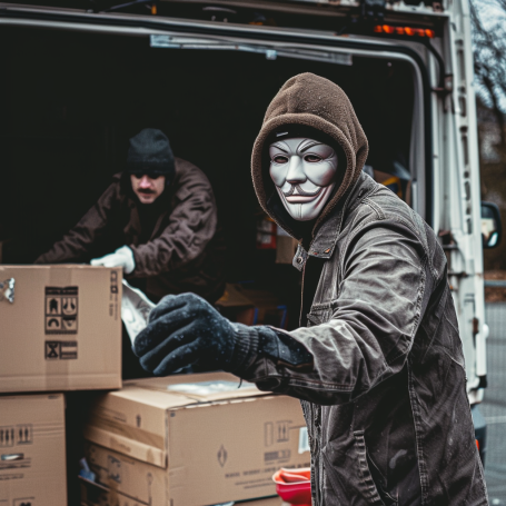 Two suspicious movers in masks handling boxes, hinting at dodgy 'man and van' operations