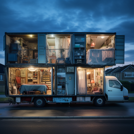 A removal lorry ingeniously carries an entire home's rooms on its back, each room meticulously packed and visible.
