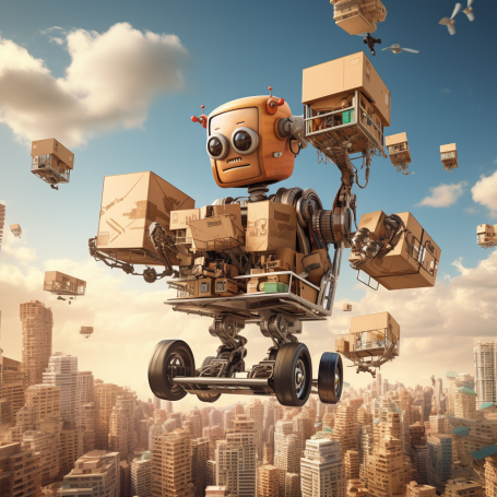 A futuristic robot effortlessly glides between skyscrapers, transporting cardboard boxes with ease in a major city