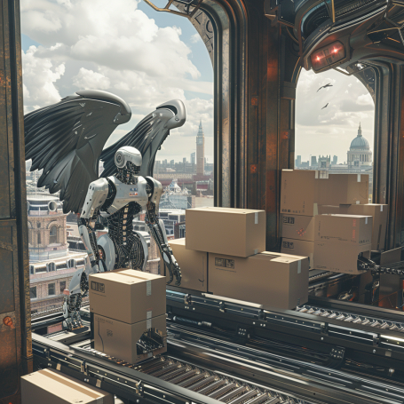 A futuristic scene in a London flat where robots on a conveyor belt load cardboard boxes with famous landmarks visible in the background.