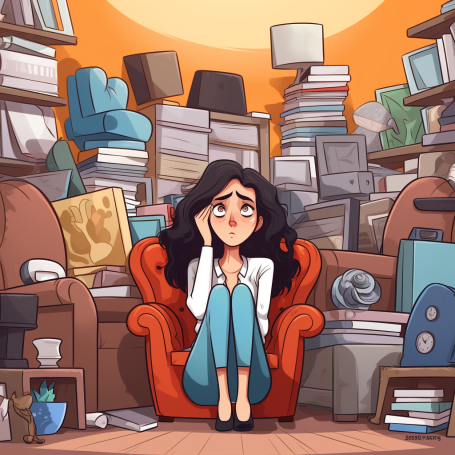 Cartoon of a worried woman overwhelmed by a mountain of clutter in her home, contemplating the chaos