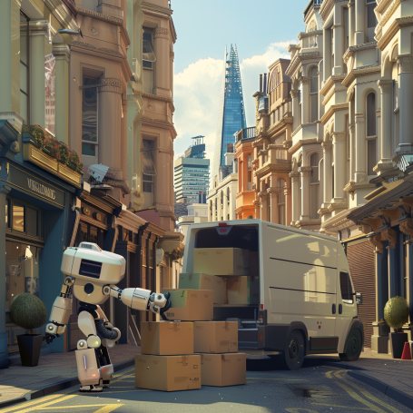 Robot efficiently stacking moving boxes in a van on a sunny London street, with The Shard in the background