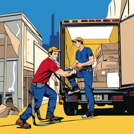 Removal workers in a Lichtenstein-style comic illustration, showcasing the dynamic process of moving with a pop art flair