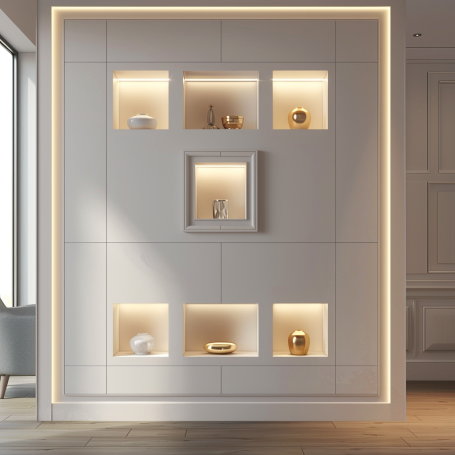 A modern white wall with shelves and designer niches, illuminated to enhance art displays, embodying simplicity and elegance in design.