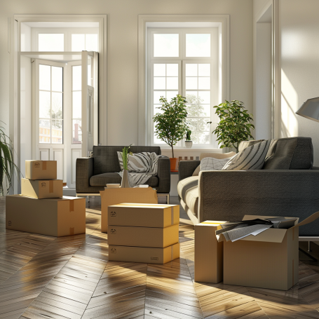 A beautifully organised living room in London, with boxes ready for moving.