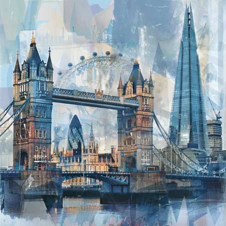 A digital painting collage featuring London's Tower Bridge, y blended into a painting, featuring Tower Bridge, the London Eye, and The Shard