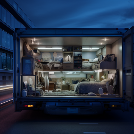 A removal van at dusk, with its cargo area revealing a cross-section of a home’s fully furnished rooms
