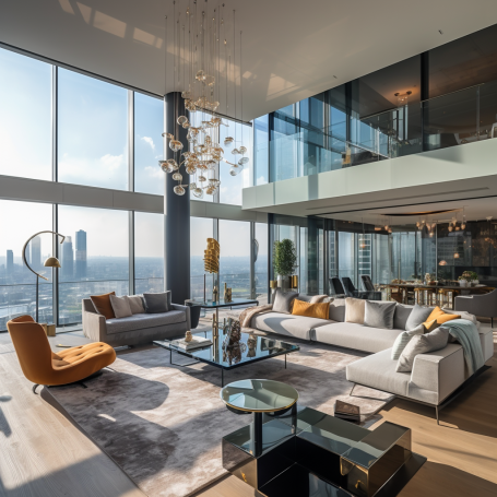 Opulent open-plan apartment with floor-to-ceiling windows offering a panoramic view of the city skyline